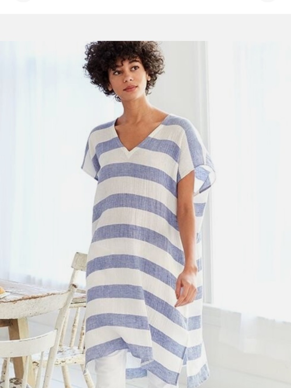 Eileen Fisher Blue and White Striped V-Neck Tunic Dress - Picture 3 of 11